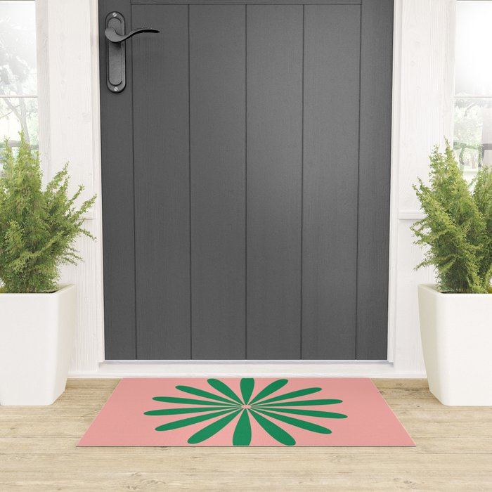 Big Daisy Retro Minimalist Flower Pink and Green Welcome Mat Gallery Image 3