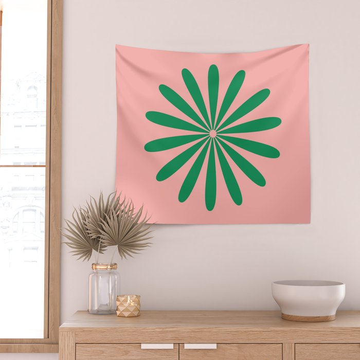Big Daisy Retro Minimalist Flower Pink and Green Wall Tapestry Gallery Image 2
