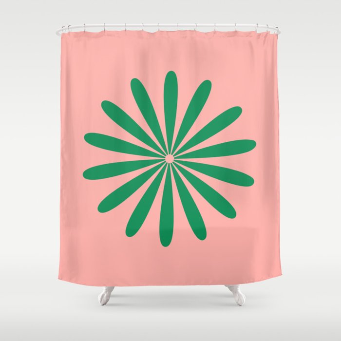 Big Daisy Retro Minimalist Flower Pink and Green Shower Curtain Gallery Image 1