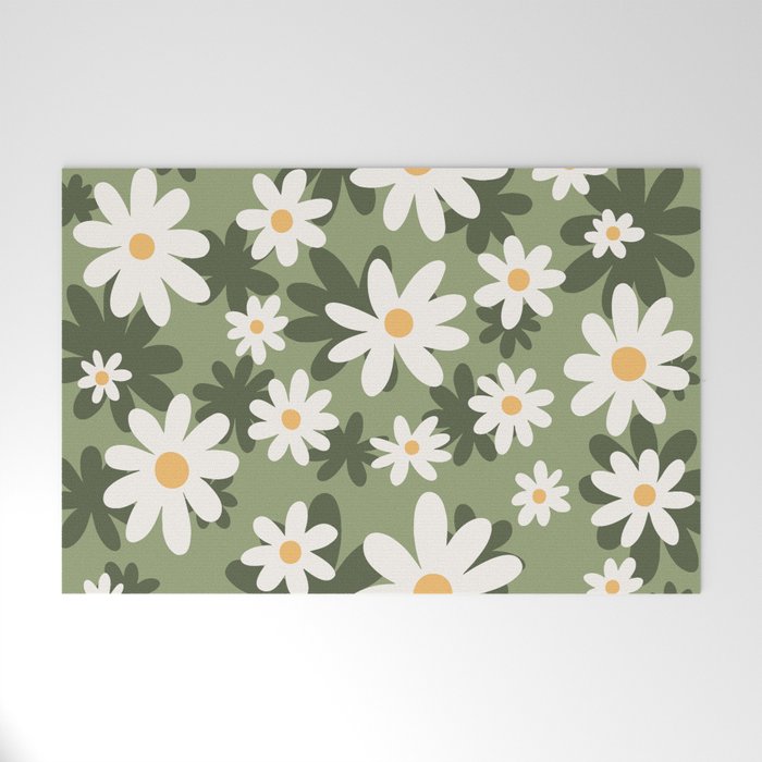Flower Market London, Retro Daisies  Print, Green Ditsy Pattern Welcome Mat Gallery Image 1