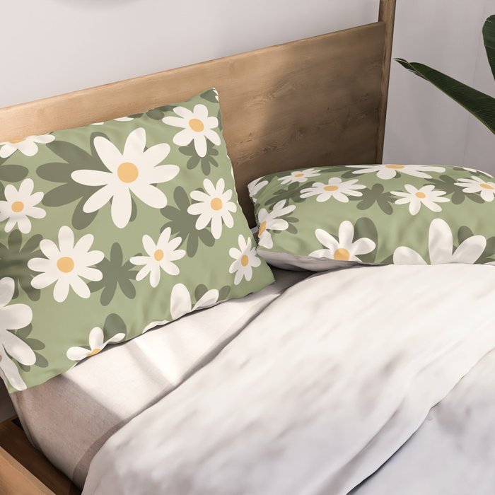 Flower Market London, Retro Daisies  Print, Green Ditsy Pattern Pillow Sham Gallery Image 2