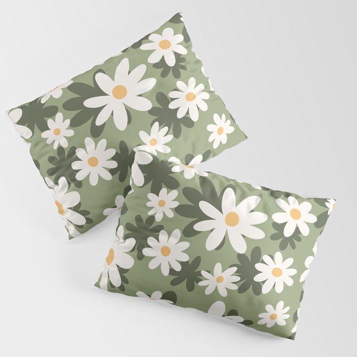 Flower Market London, Retro Daisies  Print, Green Ditsy Pattern Pillow Sham Gallery Image 1
