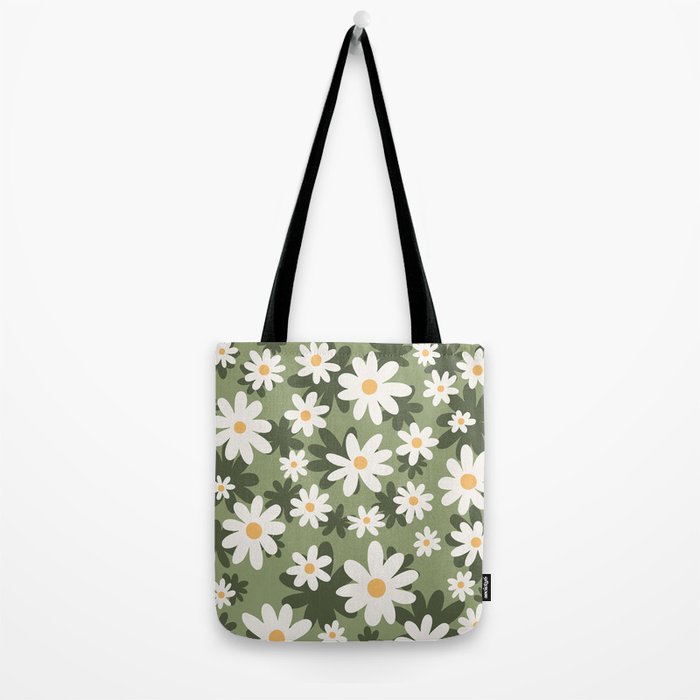 Flower Market London, Retro Daisies  Print, Green Ditsy Pattern Tote Bag Gallery Image 2