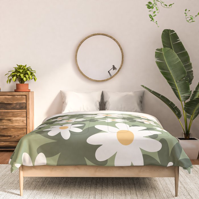Flower Market London, Retro Daisies  Print, Green Ditsy Pattern Comforter Gallery Image 3