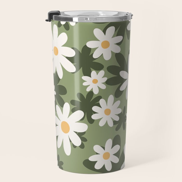 Flower Market London, Retro Daisies  Print, Green Ditsy Pattern Travel Mug Gallery Image 3