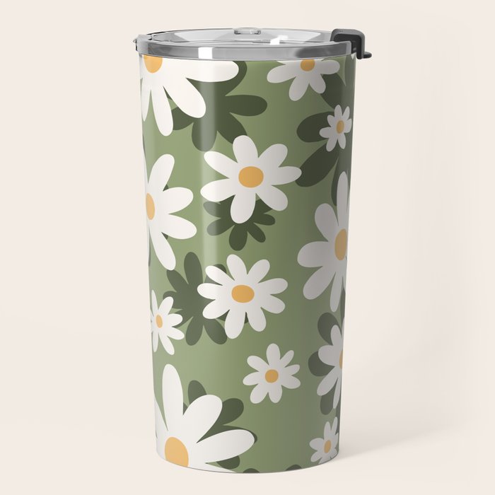 Flower Market London, Retro Daisies  Print, Green Ditsy Pattern Travel Mug Gallery Image 2