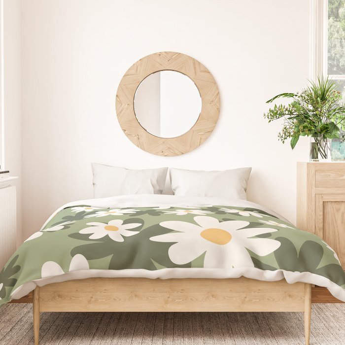 Flower Market London, Retro Daisies  Print, Green Ditsy Pattern Duvet Cover Gallery Image 3