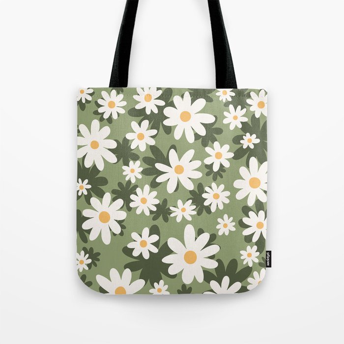 Flower Market London, Retro Daisies  Print, Green Ditsy Pattern Tote Bag Gallery Image 1