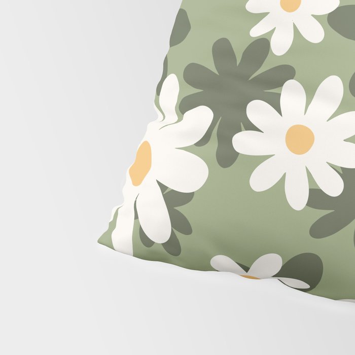 Flower Market London, Retro Daisies  Print, Green Ditsy Pattern Pillow Sham Gallery Image 4