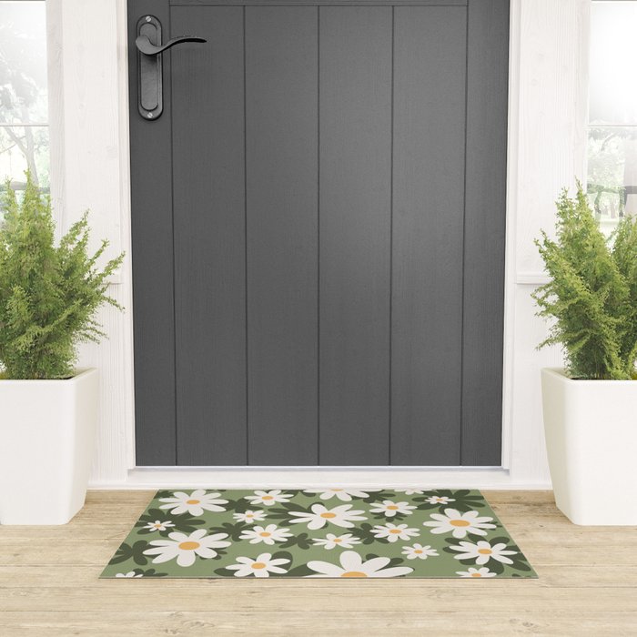 Flower Market London, Retro Daisies  Print, Green Ditsy Pattern Welcome Mat Gallery Image 3