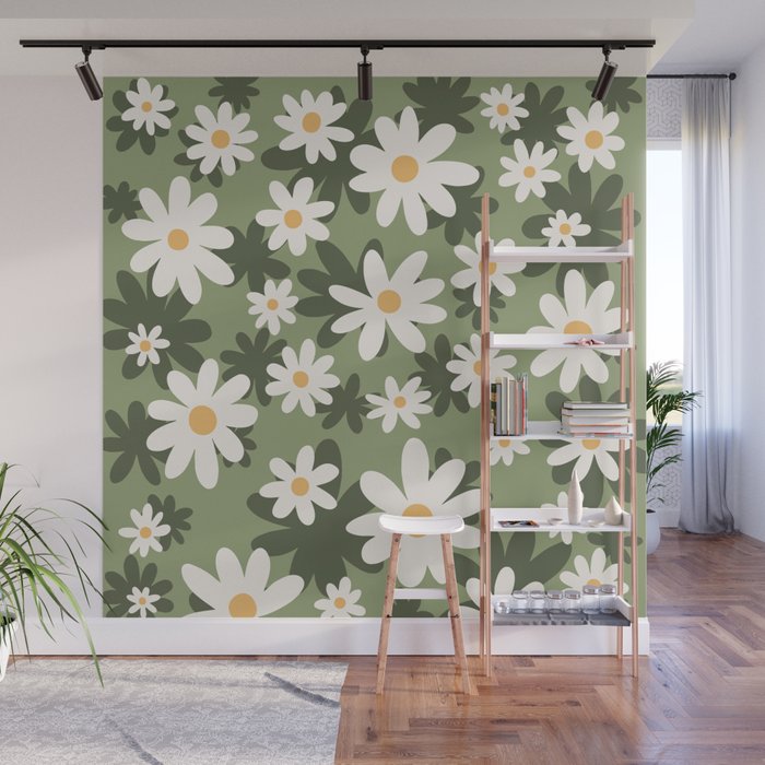 Flower Market London, Retro Daisies  Print, Green Ditsy Pattern Wall Mural Gallery Image 1