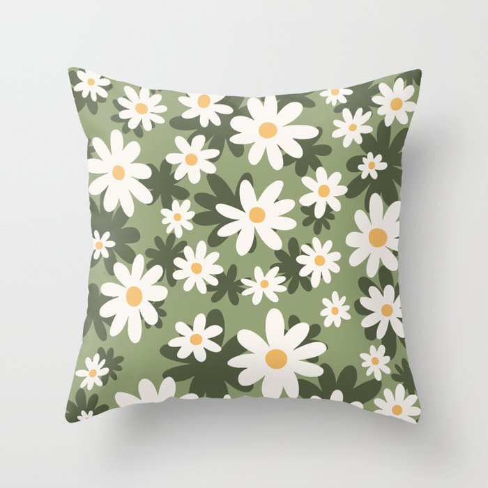 Flower Market London, Retro Daisies  Print, Green Ditsy Pattern Throw Pillow Gallery Image 1