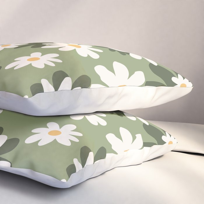 Flower Market London, Retro Daisies  Print, Green Ditsy Pattern Pillow Sham Gallery Image 3