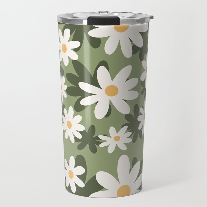 Flower Market London, Retro Daisies  Print, Green Ditsy Pattern Travel Mug Gallery Image 1