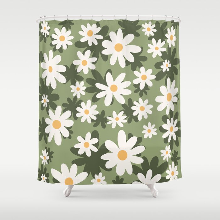 Flower Market London, Retro Daisies  Print, Green Ditsy Pattern Shower Curtain Gallery Image 1