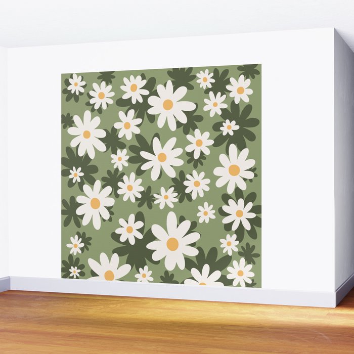 Flower Market London, Retro Daisies  Print, Green Ditsy Pattern Wall Mural Gallery Image 2