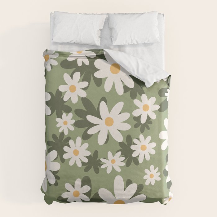Flower Market London, Retro Daisies  Print, Green Ditsy Pattern Duvet Cover Gallery Image 1