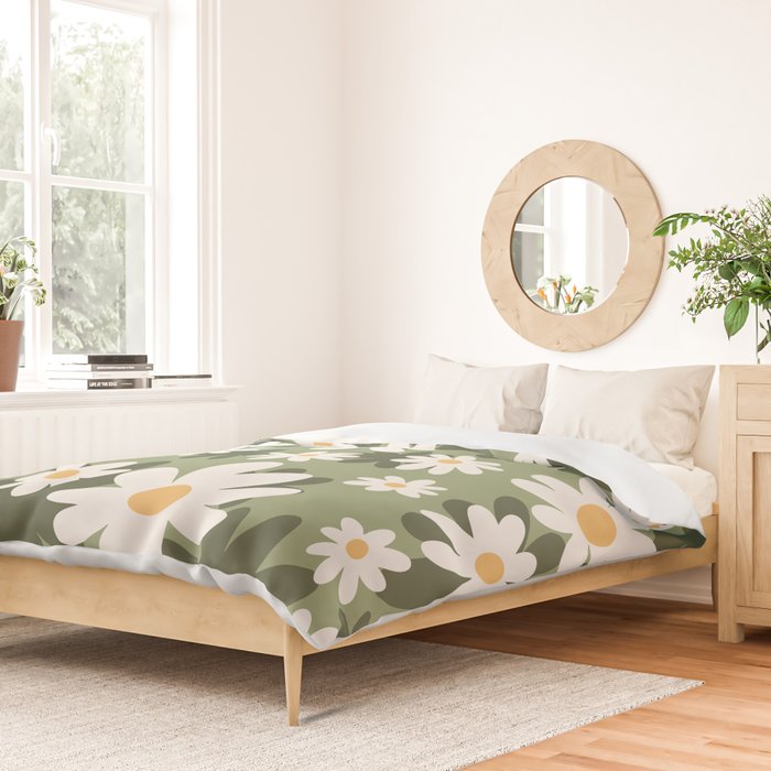 Flower Market London, Retro Daisies  Print, Green Ditsy Pattern Duvet Cover Gallery Image 2