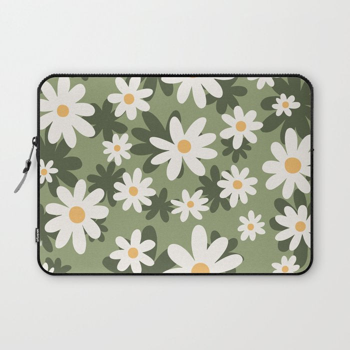 Flower Market London, Retro Daisies  Print, Green Ditsy Pattern Laptop Sleeve Gallery Image 1