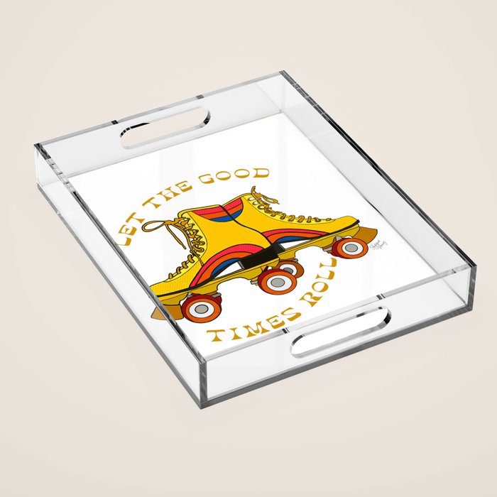 Retro Rainbow Roller Skates Let The Good Times Roll Yellow Acrylic Tray Gallery Image 1