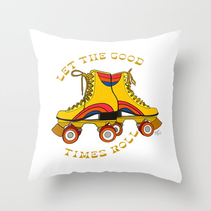 Retro Rainbow Roller Skates Let The Good Times Roll Yellow Throw Pillow Gallery Image 6