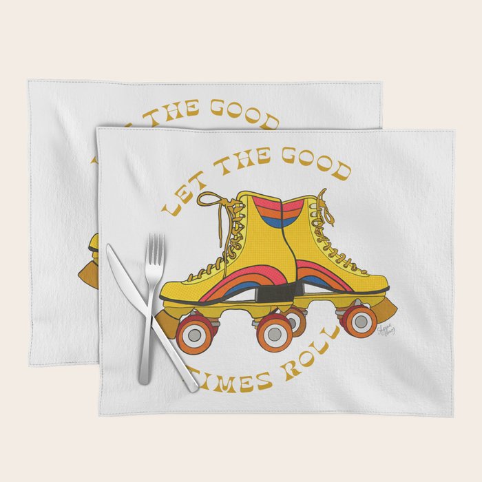 Retro Rainbow Roller Skates Let The Good Times Roll Yellow Placemat Gallery Image 1