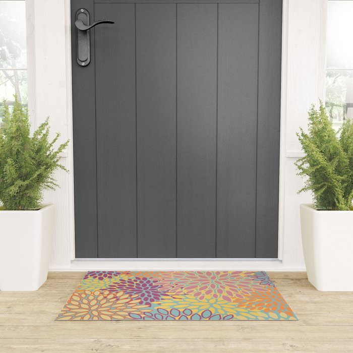 Festive, Floral Prints, Orange, Yellow, Teal and Pink Welcome Mat Gallery Image 3