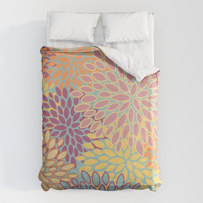 Festive, Floral Prints, Orange, Yellow, Teal and Pink Duvet Cover Gallery Image 6