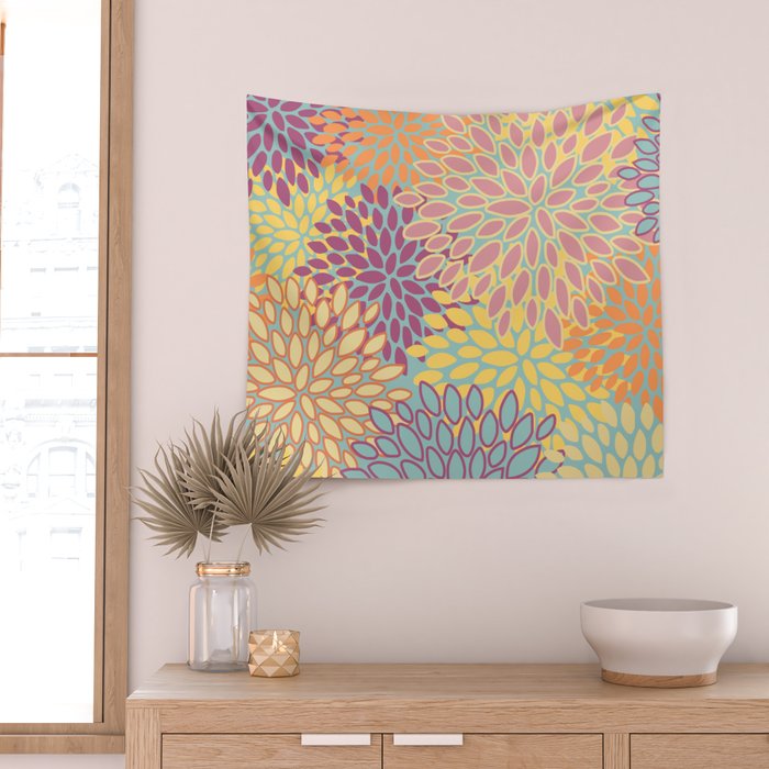 Festive, Floral Prints, Orange, Yellow, Teal and Pink Wall Tapestry Gallery Image 2