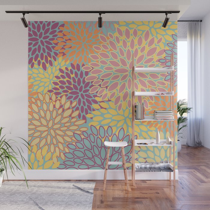 Festive, Floral Prints, Orange, Yellow, Teal and Pink Wall Mural Gallery Image 1