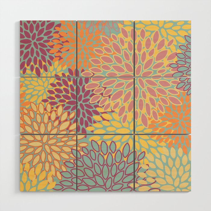 Festive, Floral Prints, Orange, Yellow, Teal and Pink Wood Wall Art Gallery Image 1