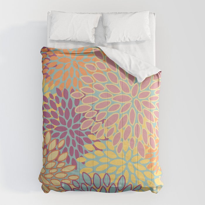 Festive, Floral Prints, Orange, Yellow, Teal and Pink Comforter Gallery Image 1