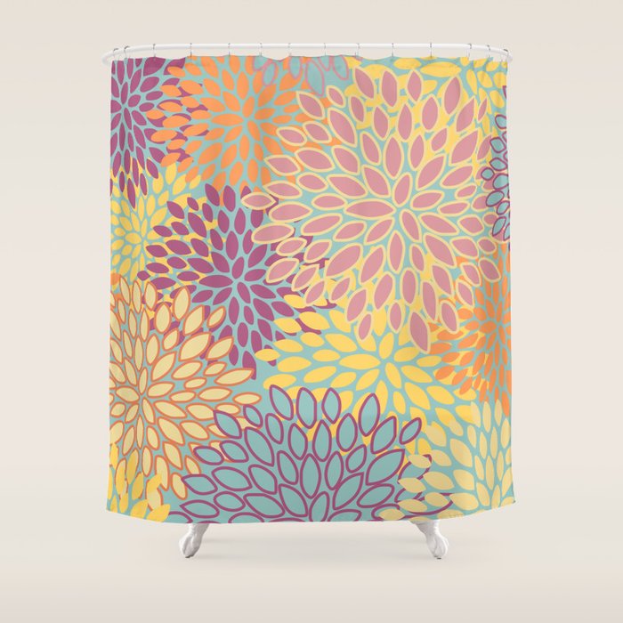Festive, Floral Prints, Orange, Yellow, Teal and Pink Shower Curtain Gallery Image 1