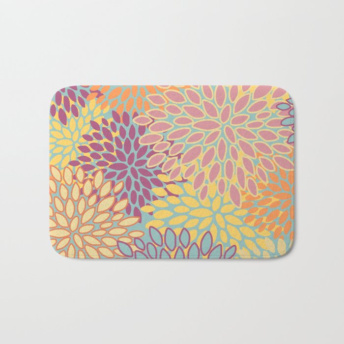 Festive, Floral Prints, Orange, Yellow, Teal and Pink Bath Mat Gallery Image 1