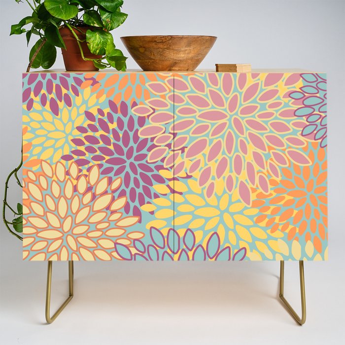 Festive, Floral Prints, Orange, Yellow, Teal and Pink Credenza Gallery Image 1