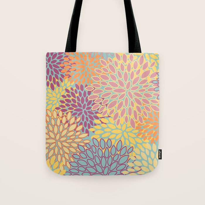 Festive, Floral Prints, Orange, Yellow, Teal and Pink Tote Bag Gallery Image 1