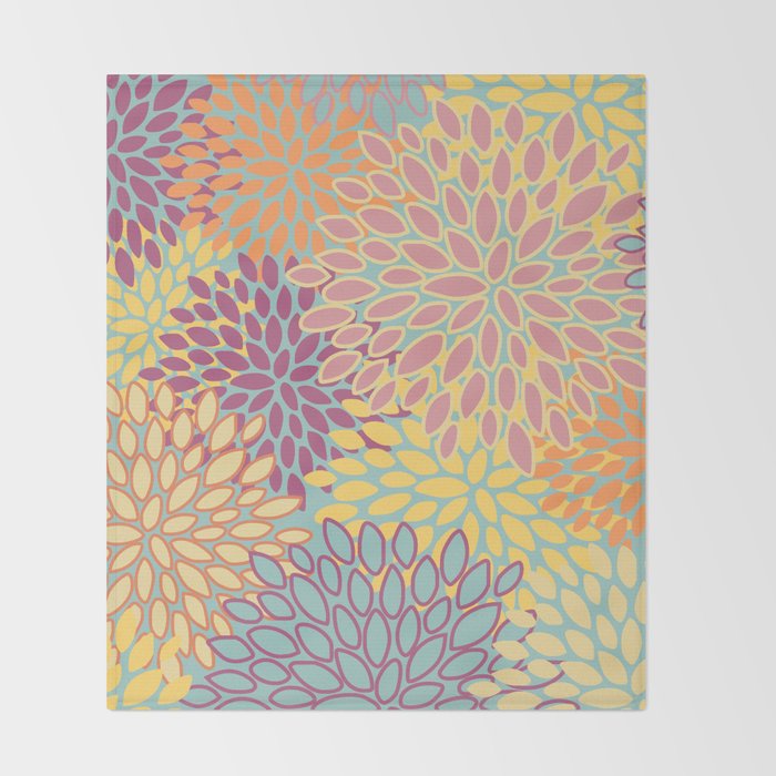 Festive, Floral Prints, Orange, Yellow, Teal and Pink Throw Blanket Gallery Image 2