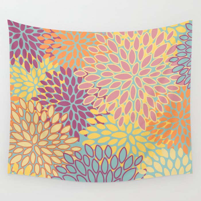Festive, Floral Prints, Orange, Yellow, Teal and Pink Wall Tapestry Gallery Image 4