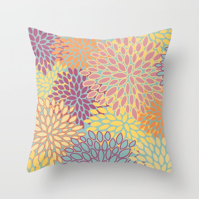 Festive, Floral Prints, Orange, Yellow, Teal and Pink Throw Pillow Gallery Image 6