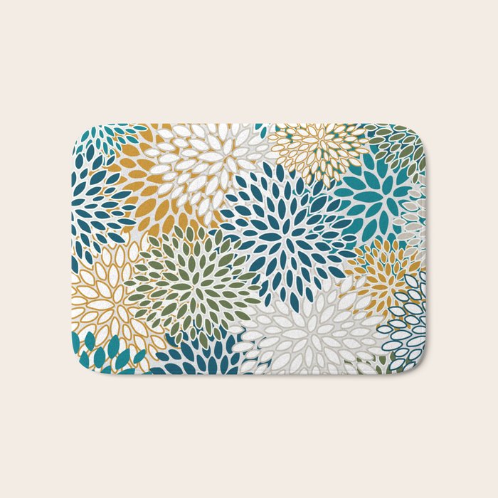 Floral Blooms, Teal, Green and Yellow Bath Mat Gallery Image 1