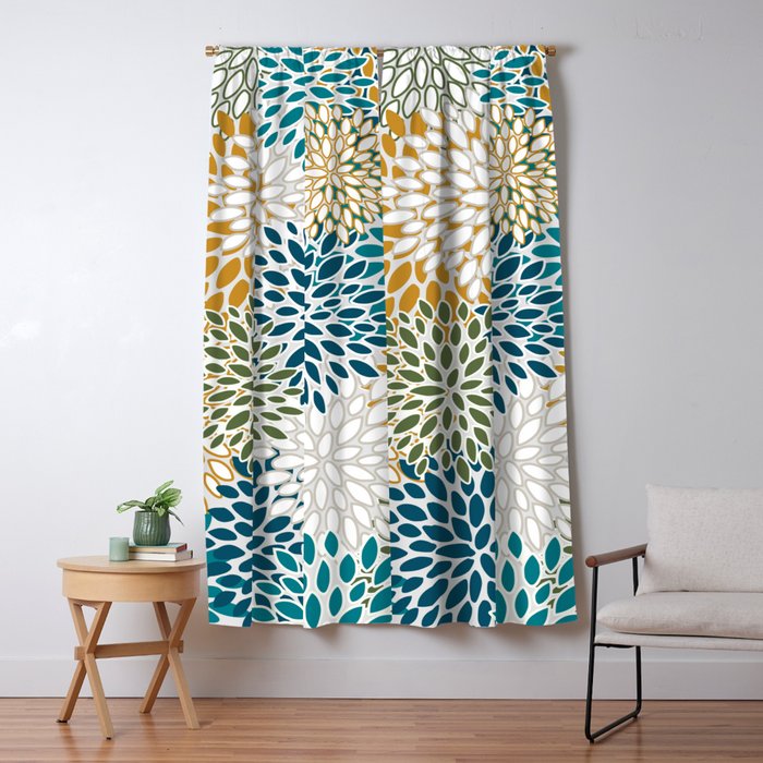 Floral Blooms, Teal, Green and Yellow Window Curtain Gallery Image 5