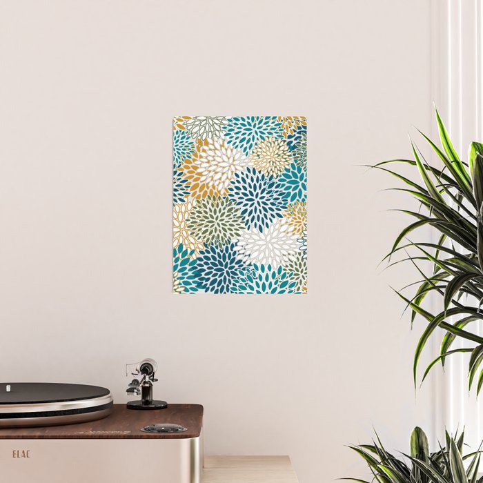 Floral Blooms, Teal, Green and Yellow Poster Gallery Image 2
