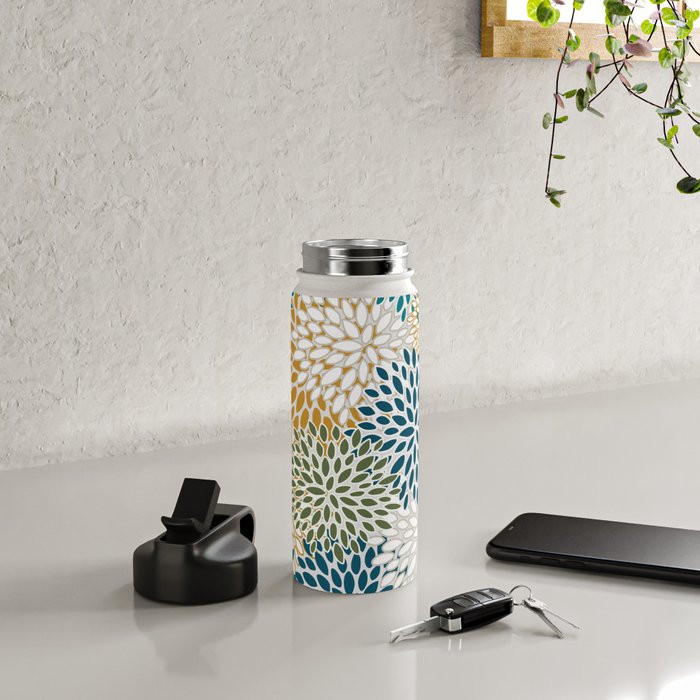 Floral Blooms, Teal, Green and Yellow Water Bottle Gallery Image 4