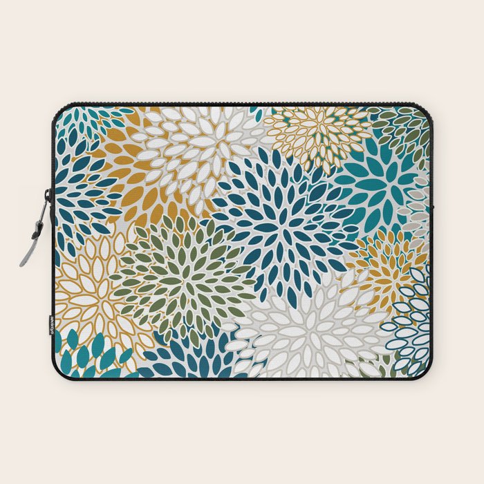 Floral Blooms, Teal, Green and Yellow Laptop Sleeve Gallery Image 1