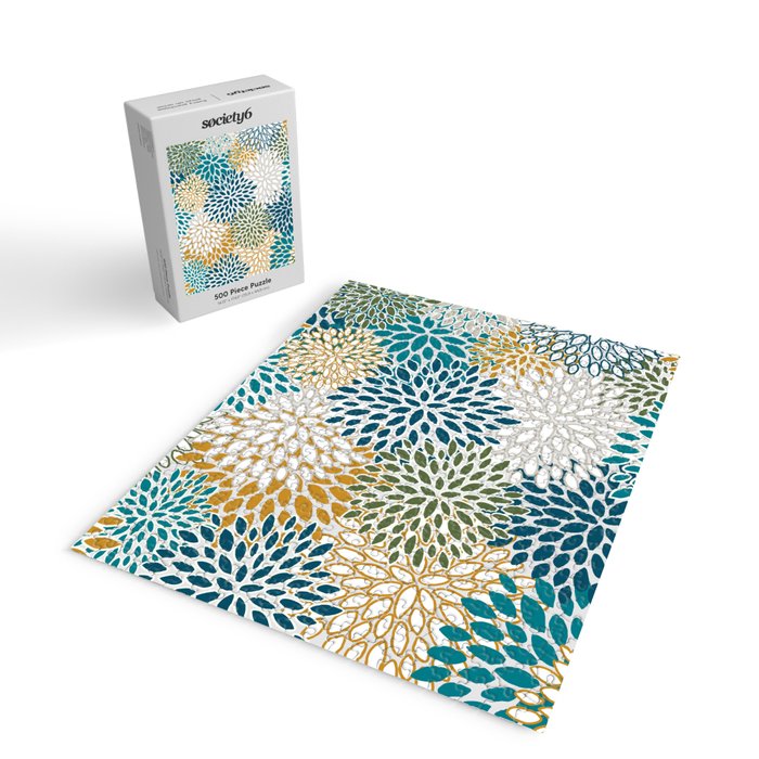 Floral Blooms, Teal, Green and Yellow Jigsaw Puzzle Gallery Image 2