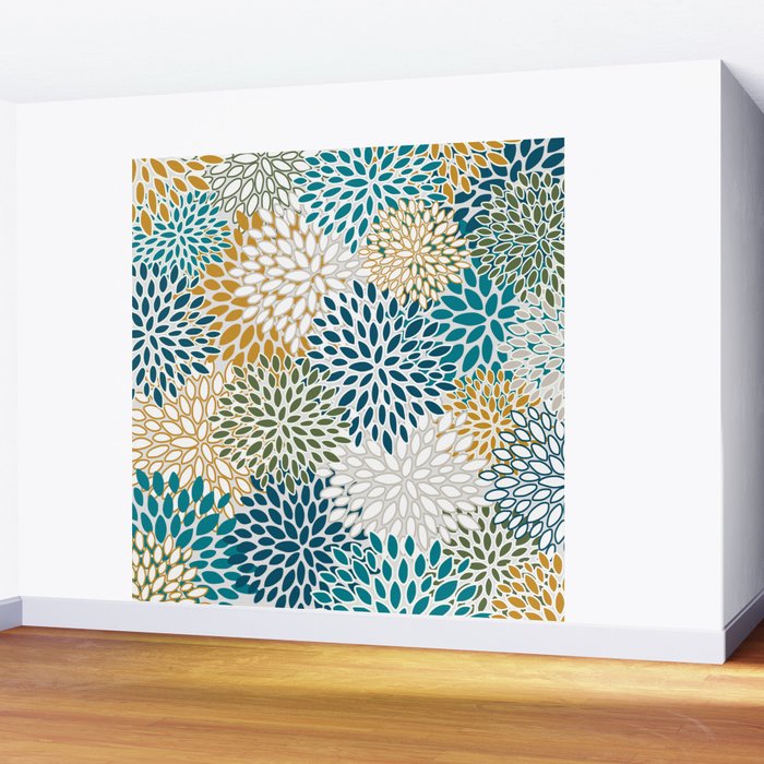 Floral Blooms, Teal, Green and Yellow Wall Mural Gallery Image 2
