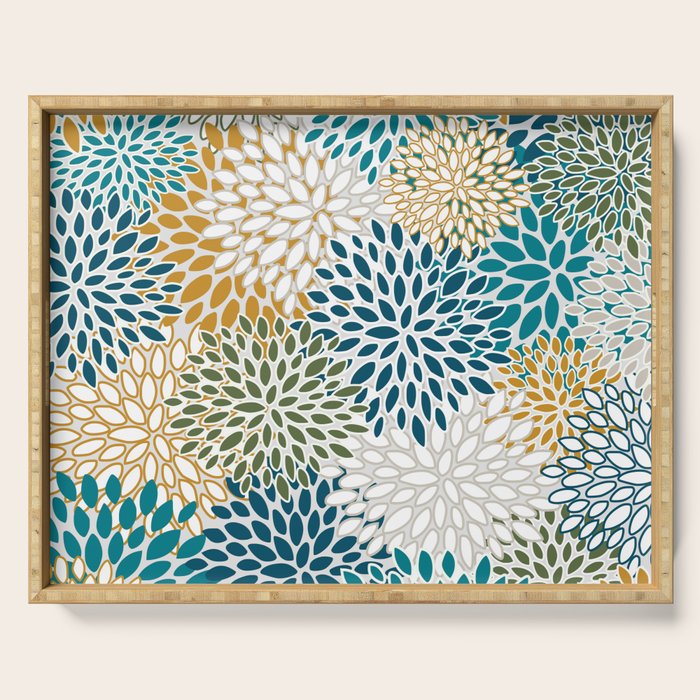Floral Blooms, Teal, Green and Yellow Serving Tray Gallery Image 1