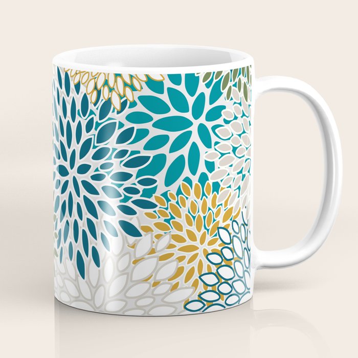 Floral Blooms, Teal, Green and Yellow Coffee Mug Gallery Image 1