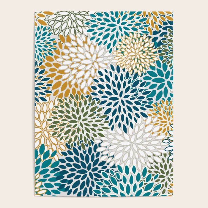 Floral Blooms, Teal, Green and Yellow Poster Gallery Image 1