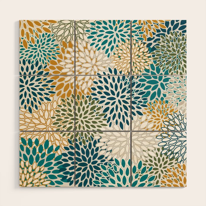 Floral Blooms, Teal, Green and Yellow Wood Wall Art Gallery Image 1